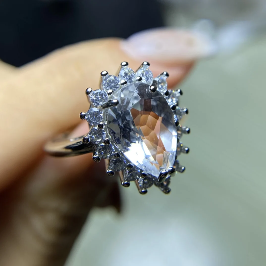 Mücevher joyas feminina doğal beyaz kristal yüzük joyeria fina aros de moda hediye parmak yüzük canlı ağız S925 ayarı Görüntü 1