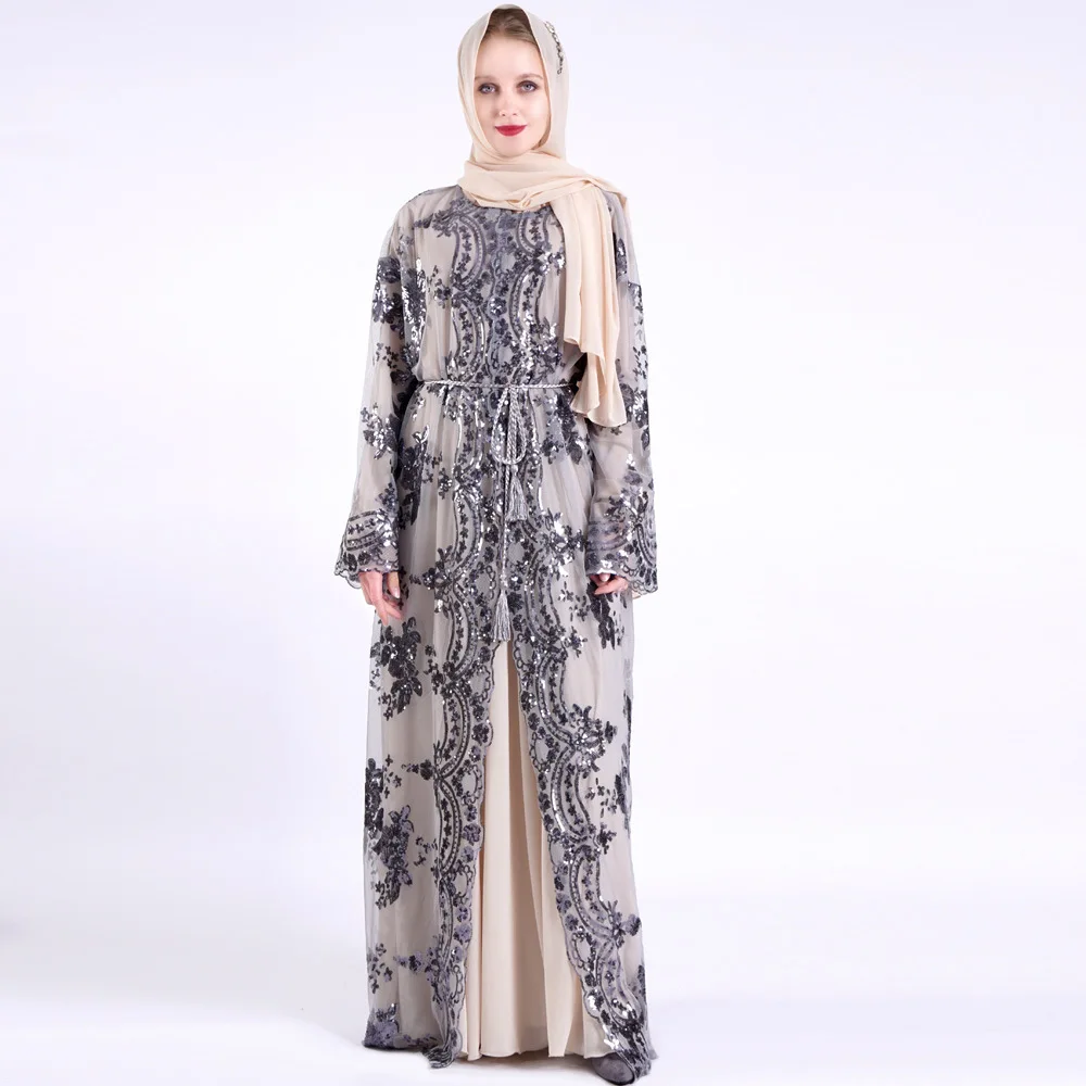 Müslüman Elbise Müslüman Moda Yeni Lüks Nakış Müslüman Kadınlar Abaya Orta Doğu Uzun Elbiseler Dubai Abaya Türkiye Kimono Kemer Görüntü 3