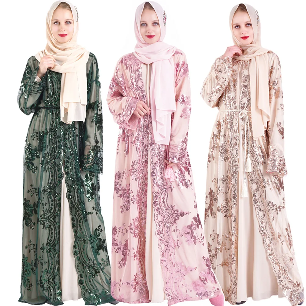 Müslüman Elbise Müslüman Moda Yeni Lüks Nakış Müslüman Kadınlar Abaya Orta Doğu Uzun Elbiseler Dubai Abaya Türkiye Kimono Kemer Görüntü 4
