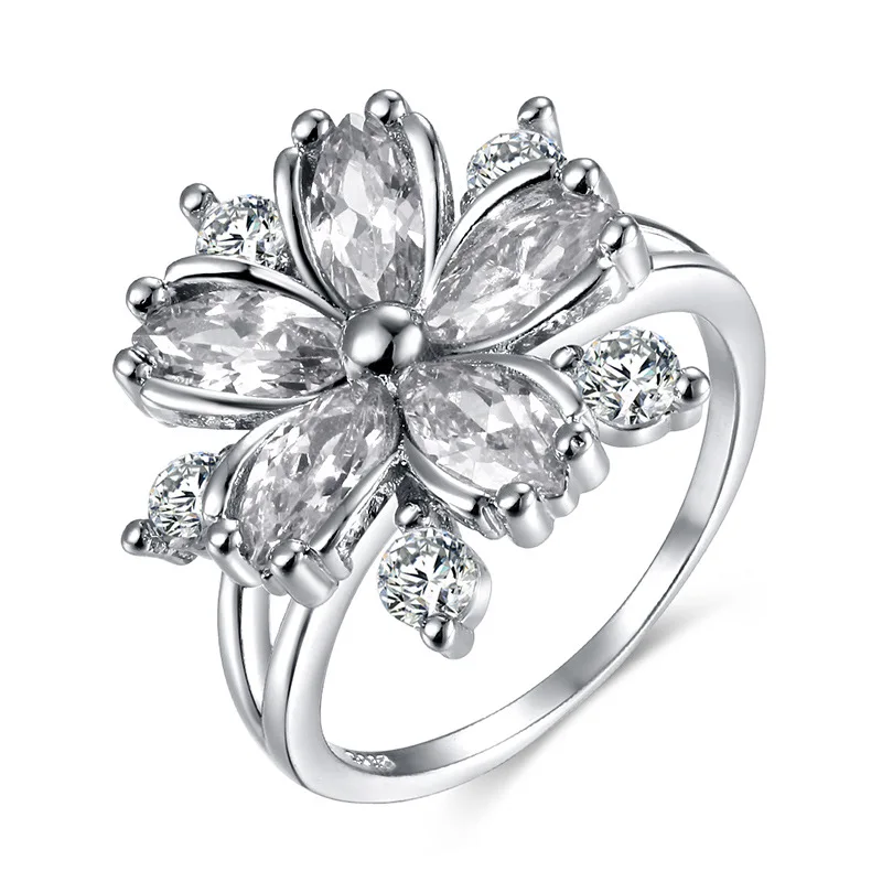Romantik ve Zarif Bayanlar Yüzük Kiraz Çiçeği Şekli Zirkon Yüzük Alyans Zarif Çiçekler 925 Gümüş Bayanlar Takı Görüntü 1