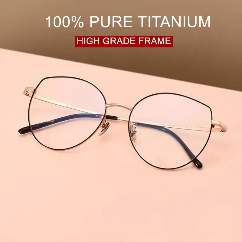 Saf Titanyum Gözlük Tasarlanmış Tam Jant Gözlük Vintage Stil Moda Büyük Boy Çerçeve Kedi Göz Gözlük Görüntü 1