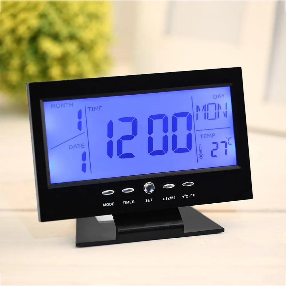 Ses Kontrolü Arka ışık LCD çalar saat Hava Monitör Takvim Zamanlayıcı İle Ses Sensörü Sıcaklık Dekor Masaüstü Masa Saati Görüntü 2