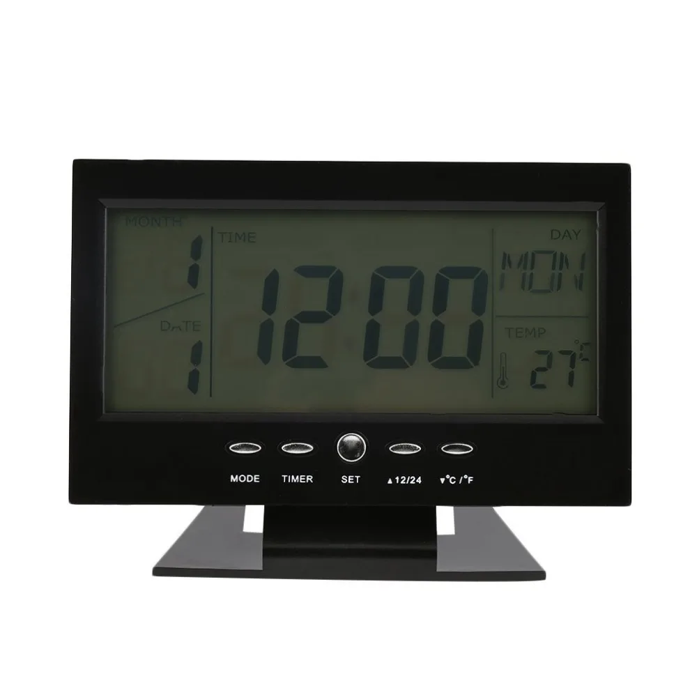 Ses Kontrolü Arka ışık LCD çalar saat Hava Monitör Takvim Zamanlayıcı İle Ses Sensörü Sıcaklık Dekor Masaüstü Masa Saati Görüntü 3