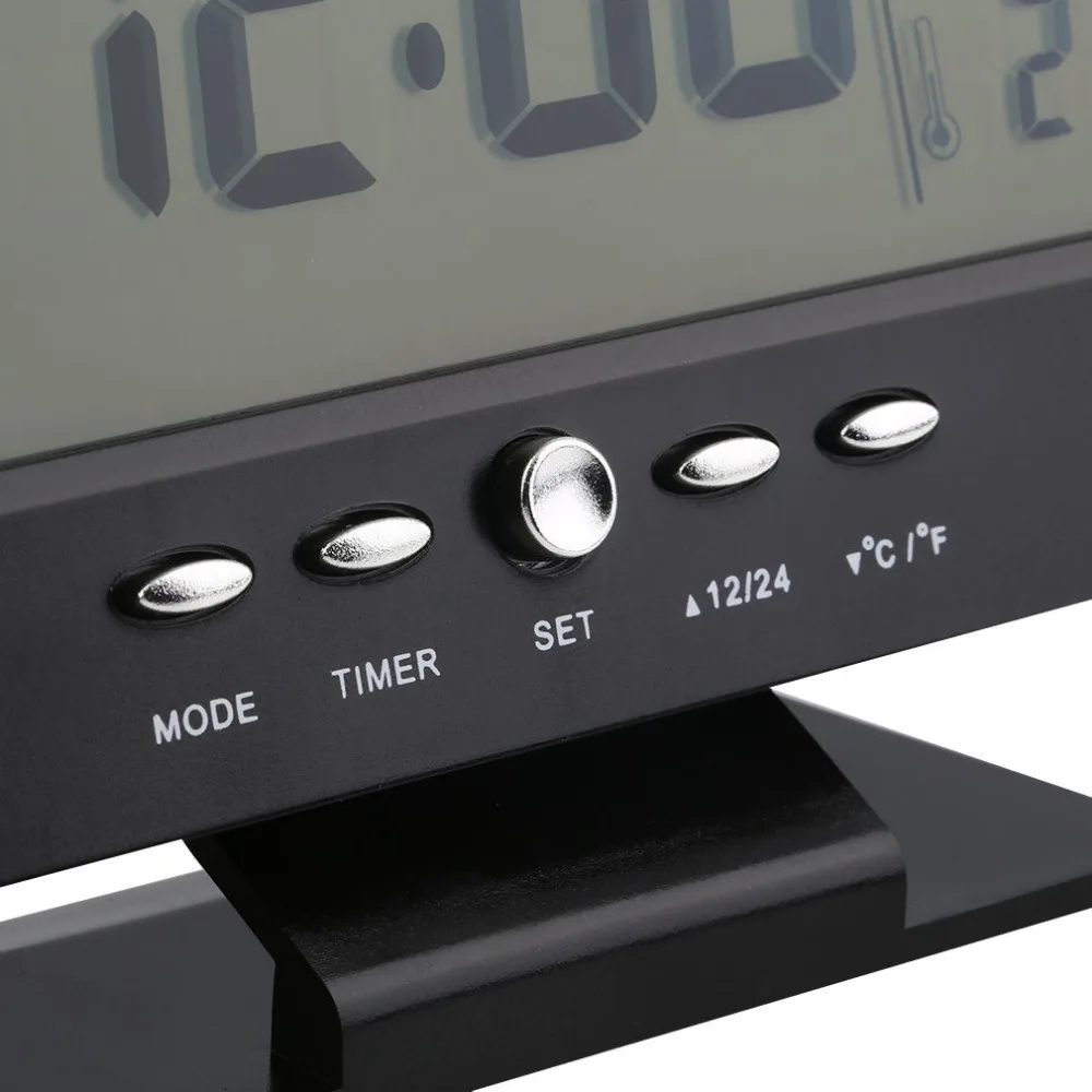 Ses Kontrolü Arka ışık LCD çalar saat Hava Monitör Takvim Zamanlayıcı İle Ses Sensörü Sıcaklık Dekor Masaüstü Masa Saati Görüntü 4