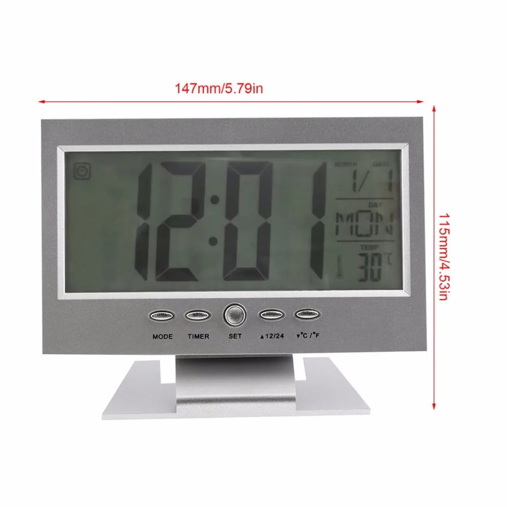 Ses Kontrolü Arka ışık LCD çalar saat Hava Monitör Takvim Zamanlayıcı İle Ses Sensörü Sıcaklık Dekor Masaüstü Masa Saati Görüntü 5