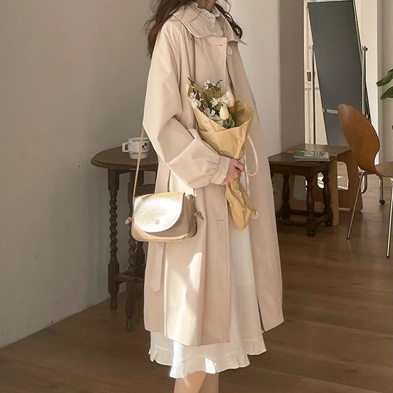 Siper Kadın Zarif Katı Sonbahar Bayan Giyim Kore Versiyonu Tiki Tarzı Popüler Temel Günlük Tek Göğüslü Vintage Yumuşak Görüntü 1