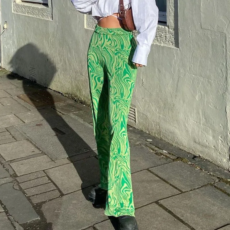Su Dalgalanma Baskı Yüksek Bel Alevlendi Pantolon kadın İnce Uzun pantolon Parti Kulübü Streetwear Yaz Yeni Bayan Çan Dipleri S/M / L Görüntü 2