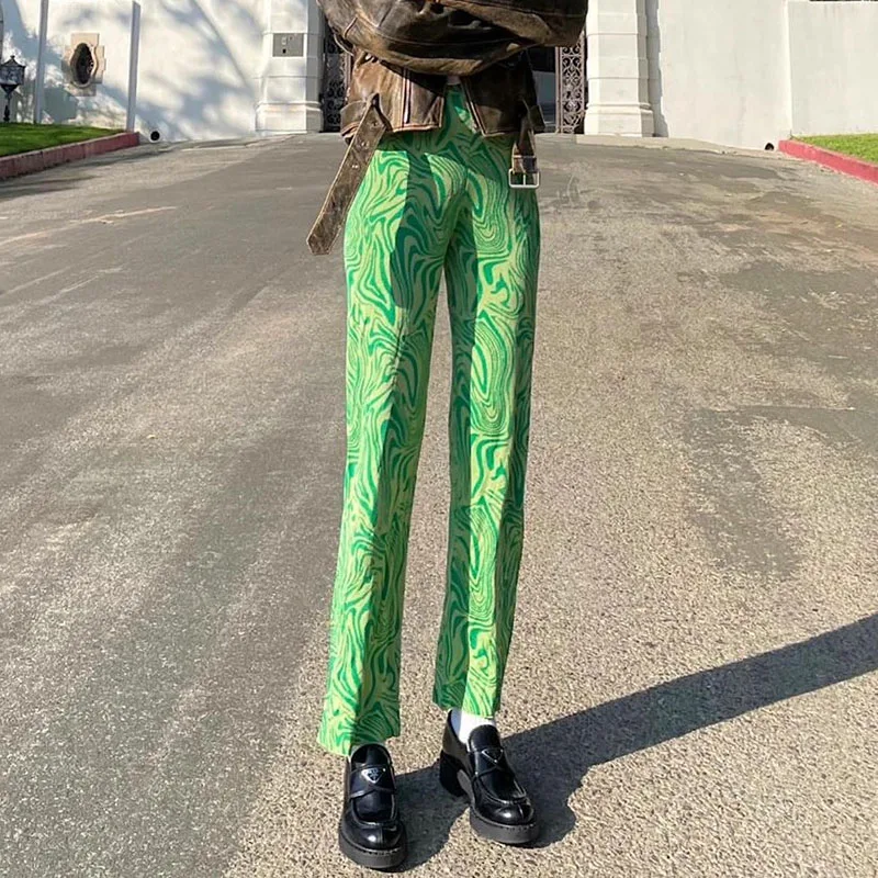 Su Dalgalanma Baskı Yüksek Bel Alevlendi Pantolon kadın İnce Uzun pantolon Parti Kulübü Streetwear Yaz Yeni Bayan Çan Dipleri S/M / L Görüntü 5