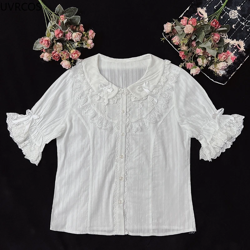 Tatlı Lolita Kadın Bluzlar 2022 Gevşek Beyaz Gömlek Dantel Yay Kısa Kollu Üstleri kadın Kore Giyim Yaz Şık Kadın Bluz Görüntü 1