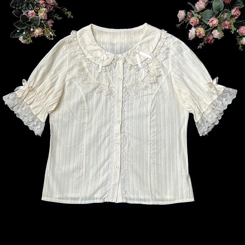 Tatlı Lolita Kadın Bluzlar 2022 Gevşek Beyaz Gömlek Dantel Yay Kısa Kollu Üstleri kadın Kore Giyim Yaz Şık Kadın Bluz Görüntü 3