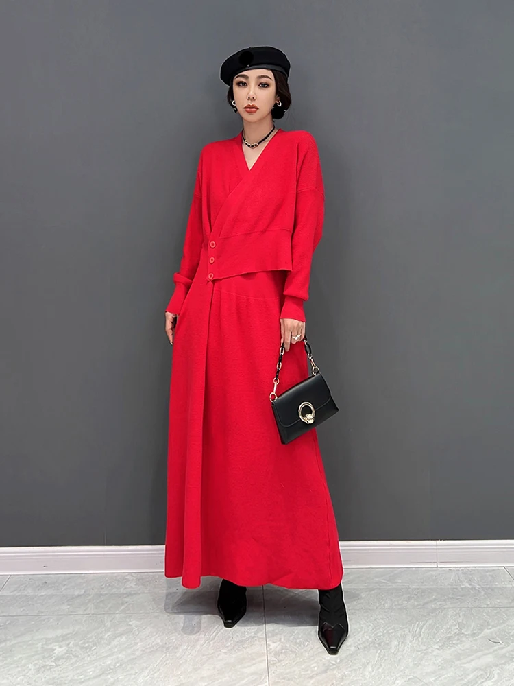 XITAO Düzensiz Örgü Elbise Moda Rahat Düz Renk Yanlış İki Adet Kazak Elbise Sonbahar Mizaç Yeni WLD13151 Görüntü 3