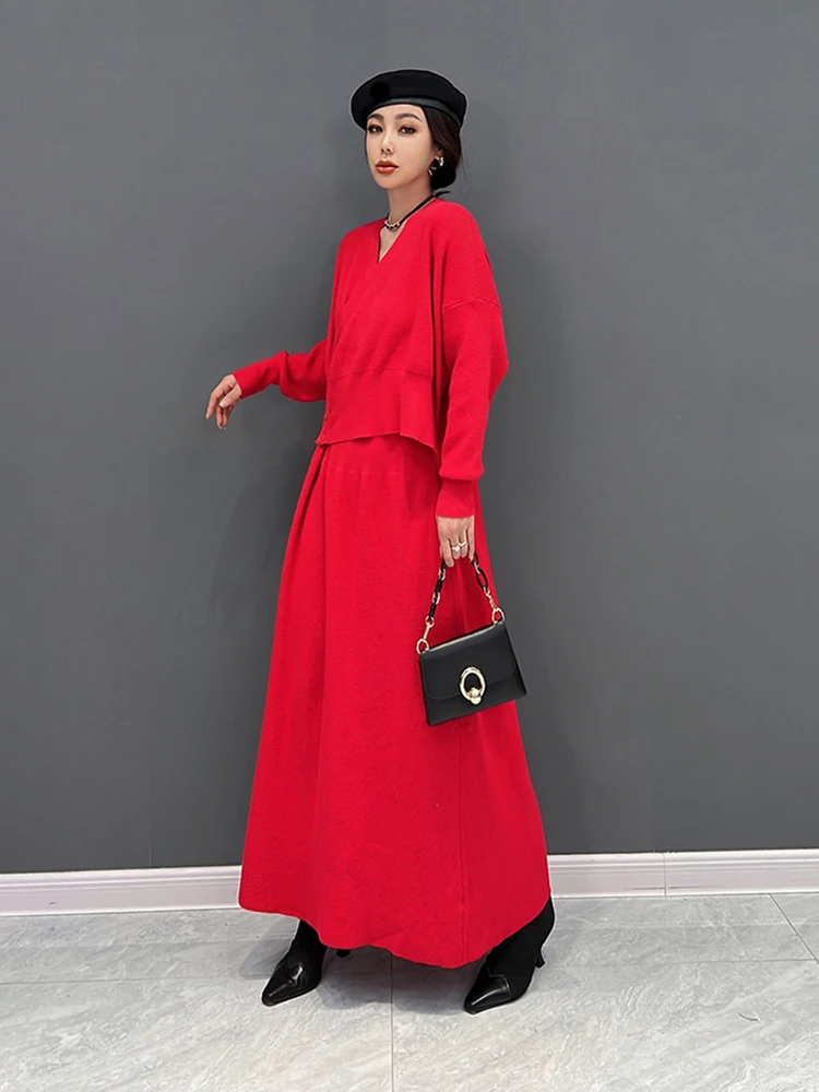 XITAO Düzensiz Örgü Elbise Moda Rahat Düz Renk Yanlış İki Adet Kazak Elbise Sonbahar Mizaç Yeni WLD13151 Görüntü 5