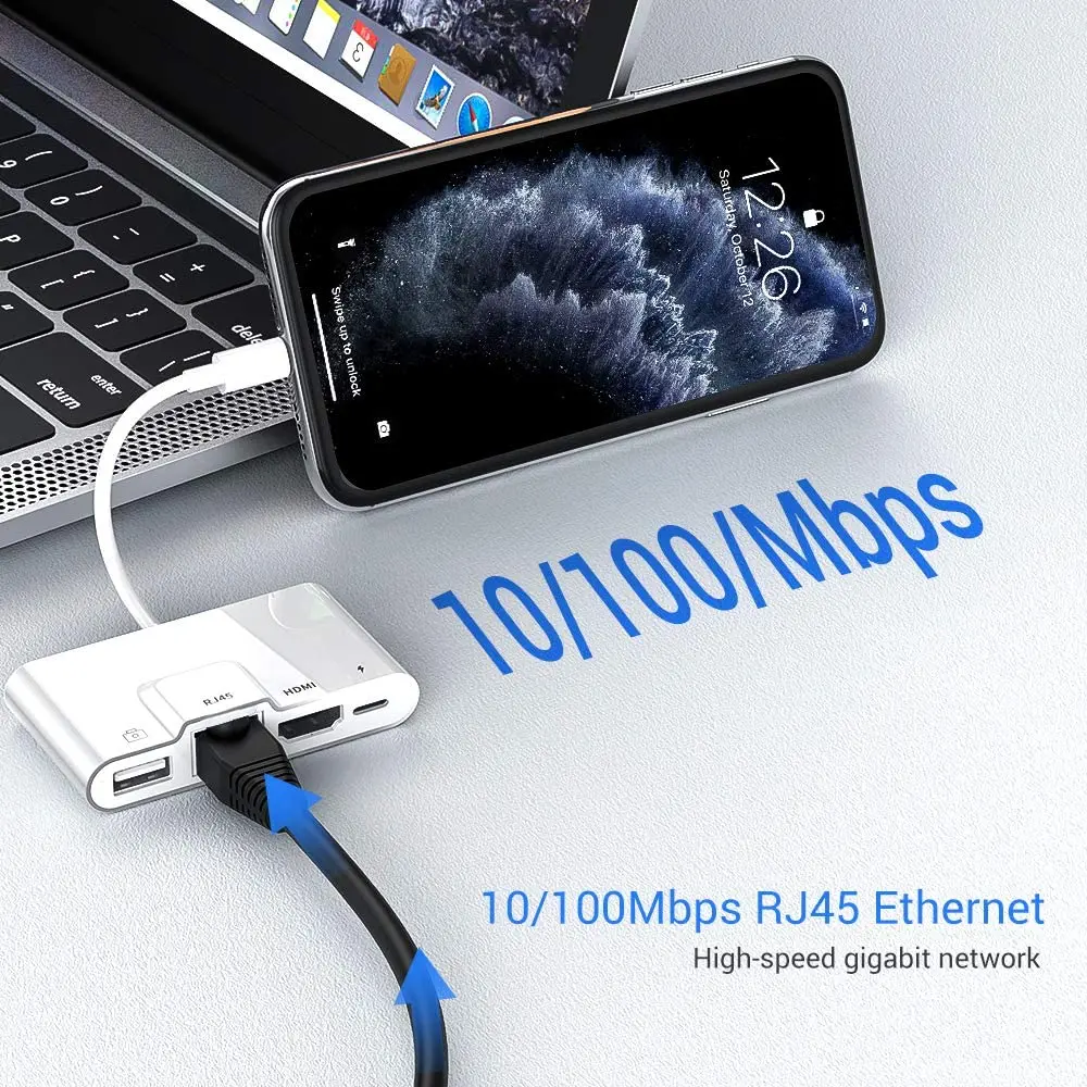 Yıldırım RJ45 Ethernet OTG Dijital AV Adaptörü HDMI LAN Kablolu Ağ USB Hub 1080P Sync Ekran Dönüştürücü için iPad/iPhone 14 Görüntü 1
