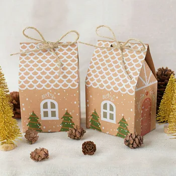 5 adet / grup Ev Şekli Noel Şeker hediye keseleri Halatlar İle Noel Çerez Çanta Merry Christmas Misafirler Ambalaj Kutuları Parti Dekor 2