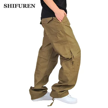 SHIFUREN 30-40 Artı boyutu erkek Kargo Pantolon Çok Cep Askeri Genel Iş Giysisi Uzun Pantolon Erkek Rahat Pamuk dökümlü pantolon