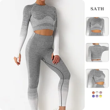 2022new Çizgili kadın Yoga Setleri Anti-Shrink Uzun kollu Spor Üst Seksi Kalça Kaldırma Kalça Sıkı Tayt Degrade Renk Takım Elbise 1