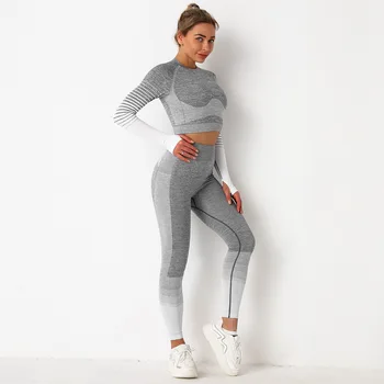 2022new Çizgili kadın Yoga Setleri Anti-Shrink Uzun kollu Spor Üst Seksi Kalça Kaldırma Kalça Sıkı Tayt Degrade Renk Takım Elbise 2