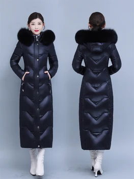 125cm Süper Uzun S-4XL Büyük Gerçek Tilki Kürk Kapşonlu Aşağı Palto kadınlar 2022 kış Kalın Sıcak ince kalın sıcak Parkas WY1048 2