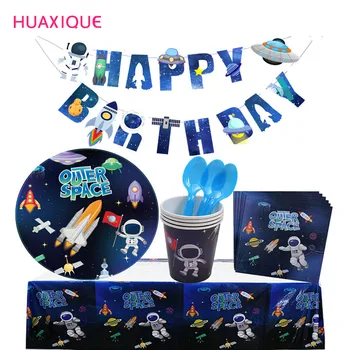 16X Mutlu Doğum Günü Afiş Uzay Gezegen parti Tabağı Peçete bardak Sofra Astronot Mutlu Doğum günü partisi Malzemeleri Evren Dekor