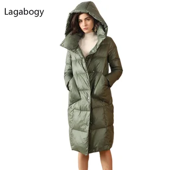 Lagabogy 2021 Yüksek Kalite Yeni Kış uzun kaban Kadın Kapşonlu Sıcak Parka Kadın 90 % Beyaz Ördek Aşağı Ceket Uzun Sıcak Kar Dış Giyim 2