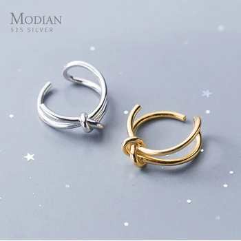 Modian Moda Açık Halka Gerçek 925 Ayar Gümüş Ayarlanabilir Boyutu Altın Renk Çift Düğüm Parmak Yüzük Kadınlar İçin Güzel Takı