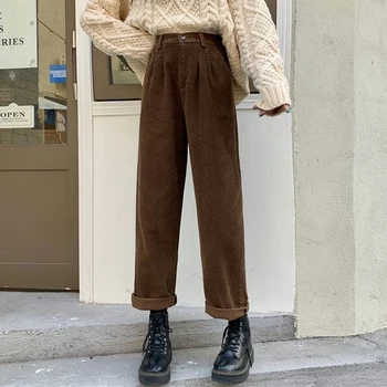 Vintage Kahverengi Kadife Pantolon Kadın Gevşek Rahat Bayan düz pantolon Kore Sokak Giyim Yüksek Bel Siyah Sıcak Pantolon Yeni  1
