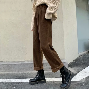 Vintage Kahverengi Kadife Pantolon Kadın Gevşek Rahat Bayan düz pantolon Kore Sokak Giyim Yüksek Bel Siyah Sıcak Pantolon Yeni  2