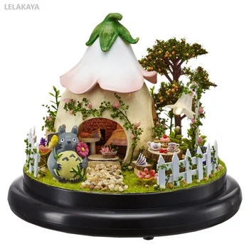 DIY Totoro Küçük El Yapımı Mini Bebek Evi Ahşap Minyatür Montaj Dollhouse cam küre dekorasyon Kiti Yeşil Bahçe Dollhouse 1