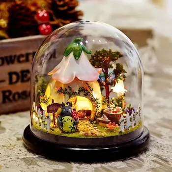 DIY Totoro Küçük El Yapımı Mini Bebek Evi Ahşap Minyatür Montaj Dollhouse cam küre dekorasyon Kiti Yeşil Bahçe Dollhouse 2