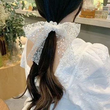 Şifon İnci Yay Saç Scrunchies Kadınlar Kore Çiçek Saç Bağları Halat lastik bantlar At Kuyruğu Tutucu Kızlar Düğün saç aksesuarları 2