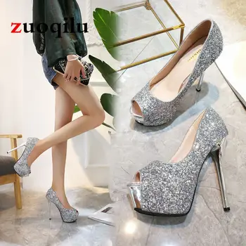 Parlak kadın ayakkabı pompaları 2021 yüksek topuklu peep toe platformu topuklu düğün ayakkabı kadın gümüş siyah bayanlar 10/12/14cm topuklu ayakkabı 1