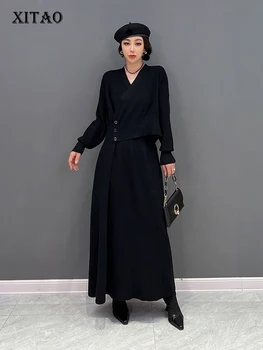 XITAO Düzensiz Örgü Elbise Moda Rahat Düz Renk Yanlış İki Adet Kazak Elbise Sonbahar Mizaç Yeni WLD13151 1