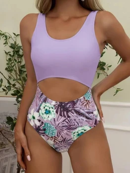 Baskılı Yüksek Bel Bikini 2022 Push Up Mayo Kadınlar Tek Parça Mayo Biquini Beachwear Seksi Mor Mayo Kadın Yeni 1