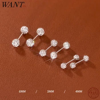 WANTME 925 Ayar Gümüş Lüks Köpüklü Zirkon top düğme küpe Kadınlar için Minimalist Boncuk Piercing Takı Aksesuarları