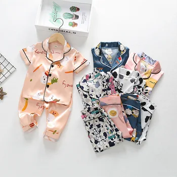 Saten Yeni Yaz İç Çamaşırı Çocuk İpek Pijama Setleri Erkek Karikatür Yaka Kısa kollu Üstleri + Pantolon Bebek Kız Ev Giyim Takım Elbise 2
