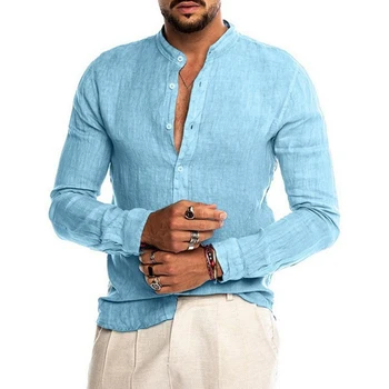 Keten Gömlek Erkekler Kısa Nefes Rahat Düz Renk Uzun Kollu Gevşek Harajuku Casual Bluz havai gömleği Camisa Masculina 2020