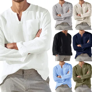 Keten Gömlek Erkekler Kısa Nefes Rahat Düz Renk Uzun Kollu Gevşek Harajuku Casual Bluz havai gömleği Camisa Masculina 2020 2