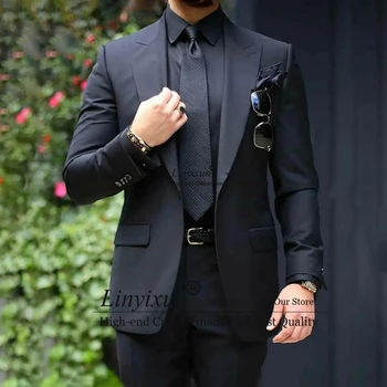 Klasik Siyah Erkek Takım Elbise 2 Adet Resmi İş Blazer Slim Fit Düğün Damat Smokin Ofis İş Giysisi Kostüm Homme Ceket Pantolon 1