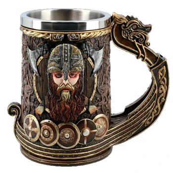 Yaratıcılık Kahve Kupalar 3D Reçine Ortaçağ Viking Korsan Bira Paslanmaz Çelik Kafatası Kupa Büyük Kapasiteli Reçine Bardak ve Kupalar Cadılar Bayramı 1