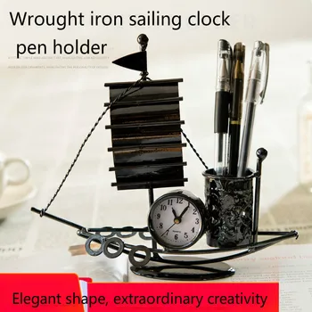 Yaratıcı modern demir el sanatları yelkenli saat kalem kutusu ofis masaüstü basit dekorasyon süsler ev aksesuarları 1
