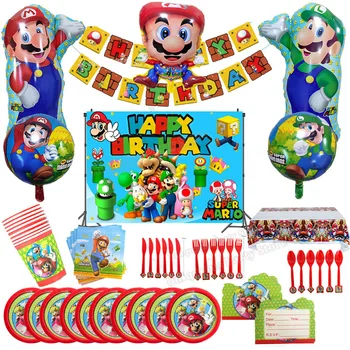 Mario Bros Parti Malzemeleri Bebek Duş Doğum Günü Dekorasyon Tek Kullanımlık Sofra Balon Kek Dekor Afiş Masa Örtüsü hediye çantası 1