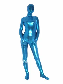 Açık Mavi Tam Vücut Parlak Metalik Zentai Suit 1