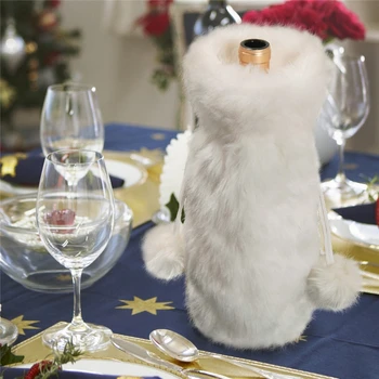 Beyaz Peluş Noel şarap şişesi kapağı Noel Dekor şarap şişesi çantaları İpli Yeniden Kullanılabilir şarap şişesi koruma kapağı Dekor 1
