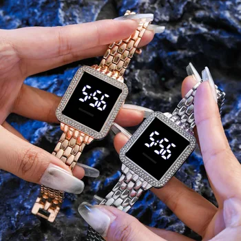 2022LED Dokunmatik Ekran Kare elektronik saat Rahat Moda Kore Versiyonu Elmas kaplı Bayanlar İzle Reloj De Mujer
