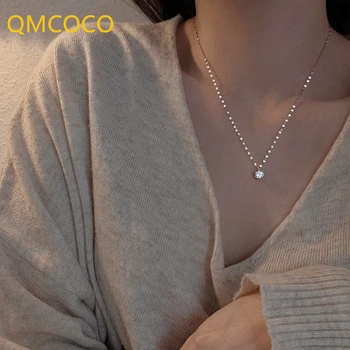 QMCOCO Gümüş Renk Basit NecklaceTrendy Tasarım Zirkon Kolye Kolye Kadınlar İçin Düğün Parti Takı Aksesuarları