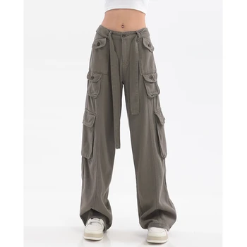 Kadın Kargo Kot Vintage Sokak Çoklu Cepler Yüksek Bel Rahat Moda Geniş Bacak Pantolon Baggy Bayanlar Denim Pantolon Yaz