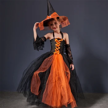 Cadılar bayramı kemerli elbise Şapka Üç parçalı Set Çocuklar için çocuk topu Elbisesi Gazlı Bez Prenses Elbiseler Kızlar Cadı Cosplay Gösterisi Kostümleri 1