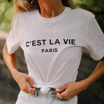 C'est La Vie Paris Kadın T Shirt Pamuk Cest La Vie Paris T-Shirt Fransız Moda Giyim Estetik Grunge Crewneck Harajuku Üst