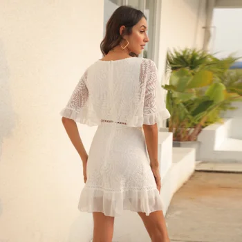 Beyaz Dantel V Yaka Kesme Fırfır Kollu Akşam Parti Elbise Tatil Eğlence Güzel Doğum Günü Kıyafeti Kadınlar için Vestidos De Fiesta 2