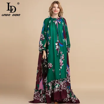 LD LINDA DELLA Sonbahar Moda Tasarımcısı Gevşek Maxi Elbise kadın Bölünmüş Kollu Çiçek Baskı Tatil Parti Vintage uzun elbise